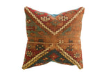 Vintage rug fragment pillow, distressed geometric terracotta, red, and teal pattern, 18x18.