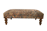 Antique Persian Kerman rug ottoman with aged beige, blue, and red floral pattern, 44