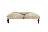Antique Persian Doroksh rug ottoman coffee table, ivory and dusty navy design, 55