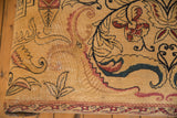 Antique Persian rug fragment beige field, navy, cochineal red curvilinear patterns, detailed border.
