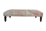 Distressed vintage Turkish Oushak rug fragment ottoman, ivory and blush geometric design.