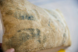 Close-up of aged pile and faded indigo patterns on an antique Chinese rug fragment pillow.