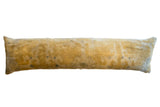 Antique Chinese rug fragment XL lumbar pillow, muted golden beige with faded blue pattern.