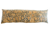 Antique Persian Kerman XL lumbar pillow with muted gold and deep blue botanical design, 16x50.