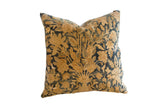 Antique 1920s Persian Kerman rug fragment pillow featuring a gold and deep blue botanical design, 18x18.