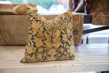 Patinaed gold and dark teal heirloom floral design on an antique Kerman pillow.