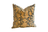 Antique Persian Kerman Rug Fragment Pillow, gorgeous gold and indigo floral pattern, 18x18.