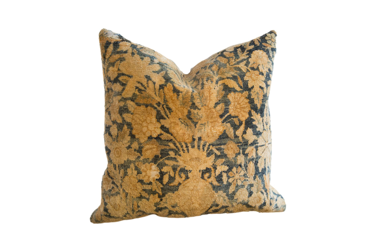 Antique Persian Kerman Rug Fragment Pillow, gorgeous gold and indigo floral pattern, 18x18.