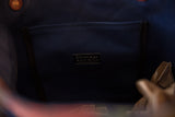 Vintage market tote bag interior, dark blue lining, and General Knot & Co. label.