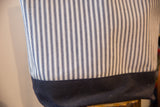 Tote bag detail showing vintage navy ticking stripe fabric and solid navy bottom.