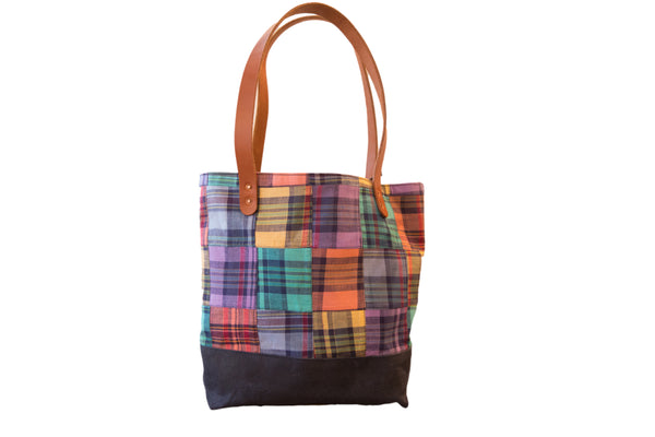 Vintage Plaid Patchwork Fabric Market Tote Bag // ONH Item BK001173