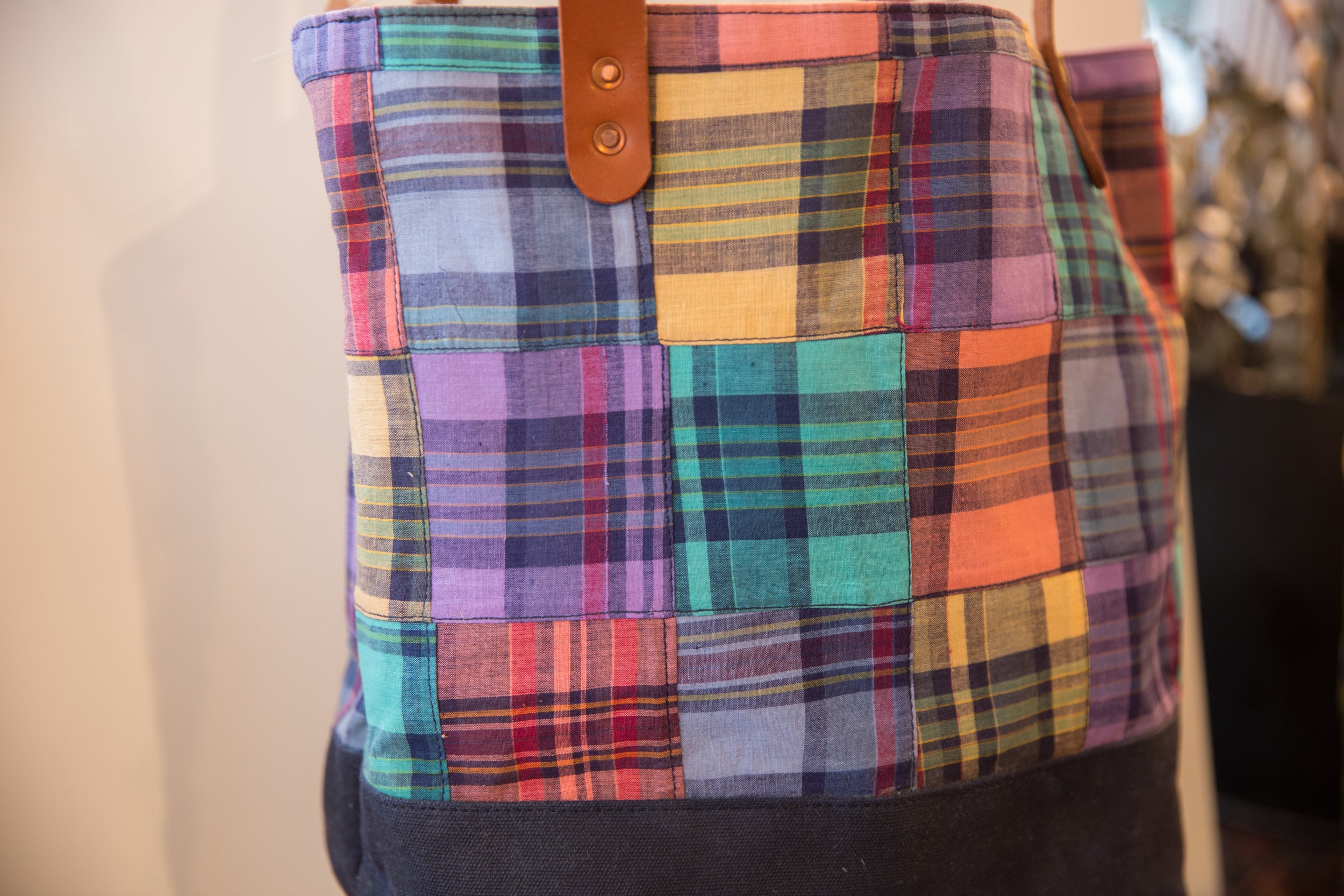 Vintage Plaid Patchwork Fabric Market Tote Bag // ONH Item BK001173 Image 1