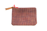 Vintage Kagawa Silk Fabric Pouch with reddish-brown woven texture, subtle stitching, and leather pull.