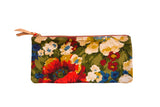Vintage Floral Fabric Southport Clutch, vibrant red, yellow, blue, white flowers on green.