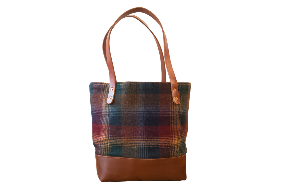 Vintage Gradient Plaid Fabric Tote with Leather Bucket // ONH Item BK001212