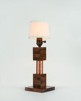 Edison lamp with illuminated white fabric shade and dark oak wood block