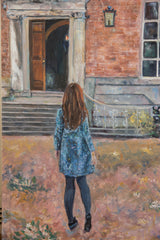 Textured painting shows girl in patterned blue dress approaching house steps.