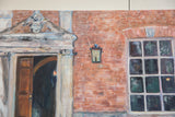 Detail of Grace B. Keogh's painting: ornate stone entrance, brick wall, wall lantern.