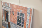 Grace B. Keogh 'The Visitor' painting with textured brick wall, multi-pane window, brown hair.