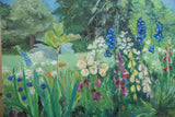 Grace B. Keogh Summer Garden painting with bright blue, white, orange flowers, green foliage.