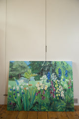 Grace B. Keogh 'Summer Garden' painting, depicting a lush garden with diverse blooms and distant woods.