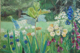 Grace B. Keogh Summer Garden painting with soft yellow roses and vibrant purple flowers.