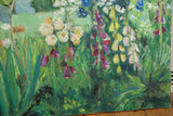 Vibrant brushwork of purple, yellow, and cream summer flowers in lush green foliage.