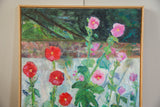Pink hollyhocks and green foliage painted against a brick wall section.
