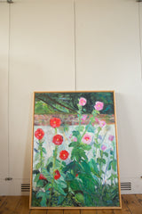 Grace B. Keogh signature and wooden frame in the 'Hollyhocks' painting's bottom corner.