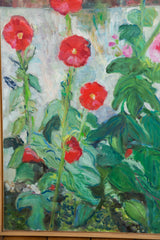 Grace B. Keogh Hollyhocks painting detail: vibrant green leaves and red blossoms, lower right.
