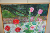 Vibrant pink and red hollyhock flowers in Grace B. Keogh painting.