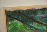 Textured green and brown brushwork, canvas edge, and natural wood frame corner.