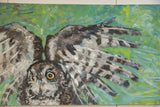 Owl painting featuring a bright yellow eye and textured gray-brown feathered wing.
