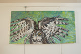 Grace B. Keogh's expressive owl painting featuring visible brushstrokes and spread wings.