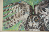 Textured brushwork on owl's face, vivid yellow eye, and patterned feathers.
