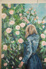 Grace B. Keogh painting 'Woman with Roses', blonde woman's arm reaching for a pink bloom.