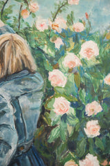 Painterly detail of light pink roses, green leaves, and a woman's blue garment.