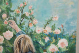 Grace B. Keogh painting detail: hand reaching for pink roses among green leaves.