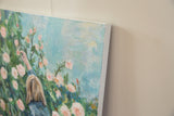 Textured canvas edge with painterly blue background and soft pink roses.