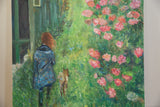 Painting detail: red-haired girl and dog in a vibrant green garden with pink blooms.