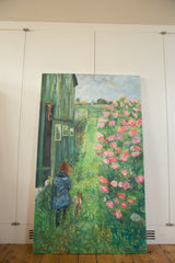 Painting of a girl, dog, green barn, and pink roses in a field.
