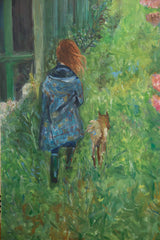 Grace B. Keogh painting: red-haired girl in blue coat walking dog through lush green.