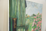 Textured painting detail featuring green barn, vibrant pink flowers, and light blue sky.