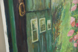 Painting detail with green building, three illuminated windows, and pink garden blossoms.