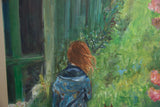 Flowing reddish hair and blue jacket detail from 'Girl Walking Dog' painting.