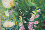 Textured brushstrokes of pink, white, and green flowers in 