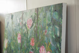 Textured pink rose blooms and wild green foliage detail, with canvas edge.