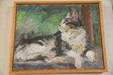 Impressionistic oil painting of a sweet gray and white cat in a simple wood frame.