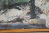 Thick brushstrokes in white, grey, and black with subtle pastel accents, above a wooden frame.