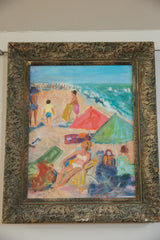 Ornate frame detail on the bottom right, with bright green umbrella and woman sunbathing.